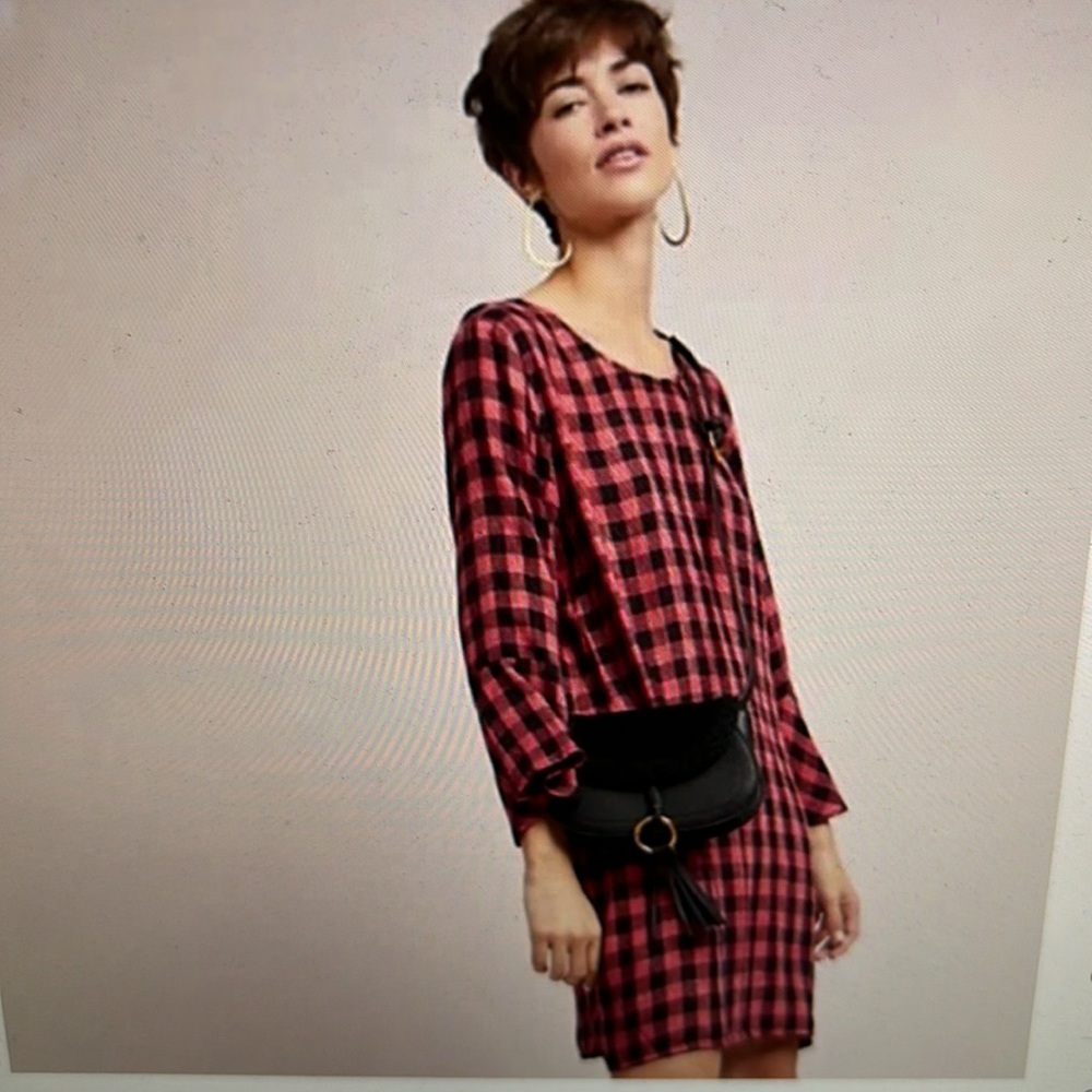 Anthropologie Cloth & Stone Red Buffalo Plaid Shirt Dress Back Tie XS